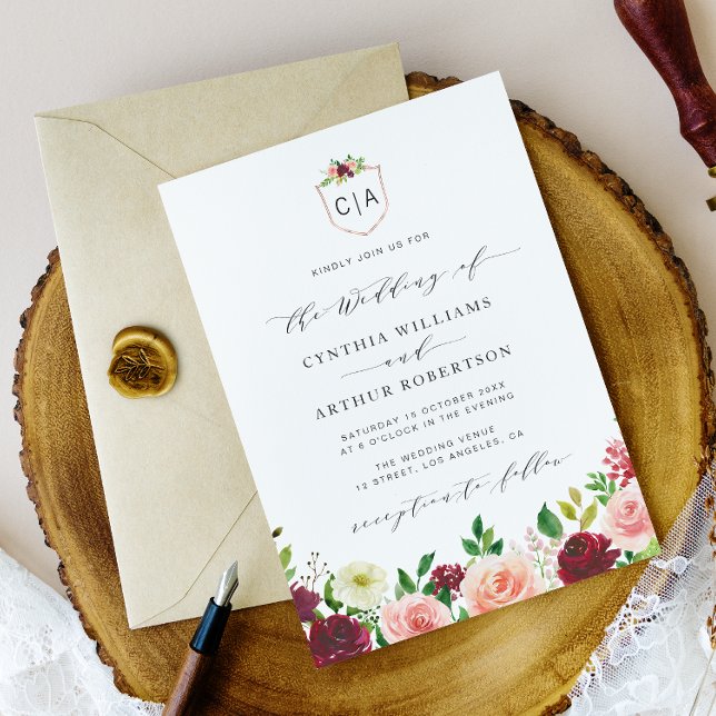 burgundy floral crest wedding invitation (Creator Uploaded)