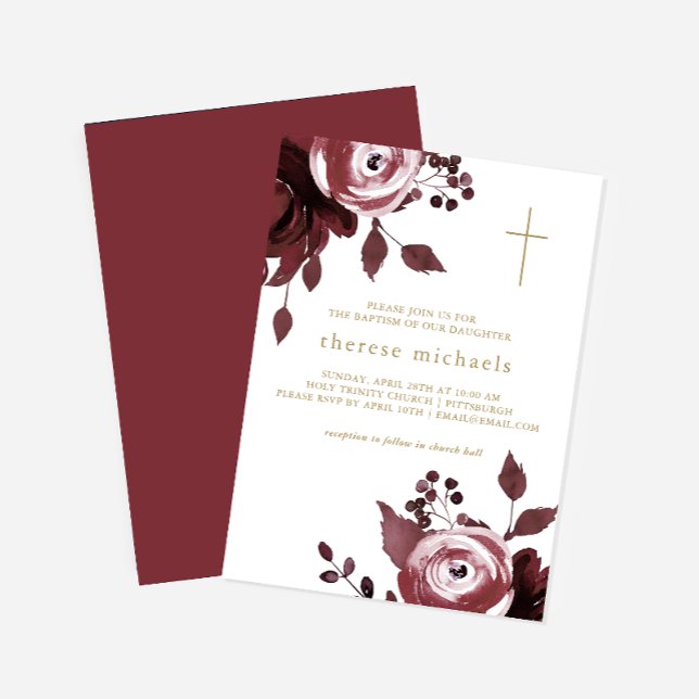 Burgundy Floral Cross Baptism Invitation (Creator Uploaded)