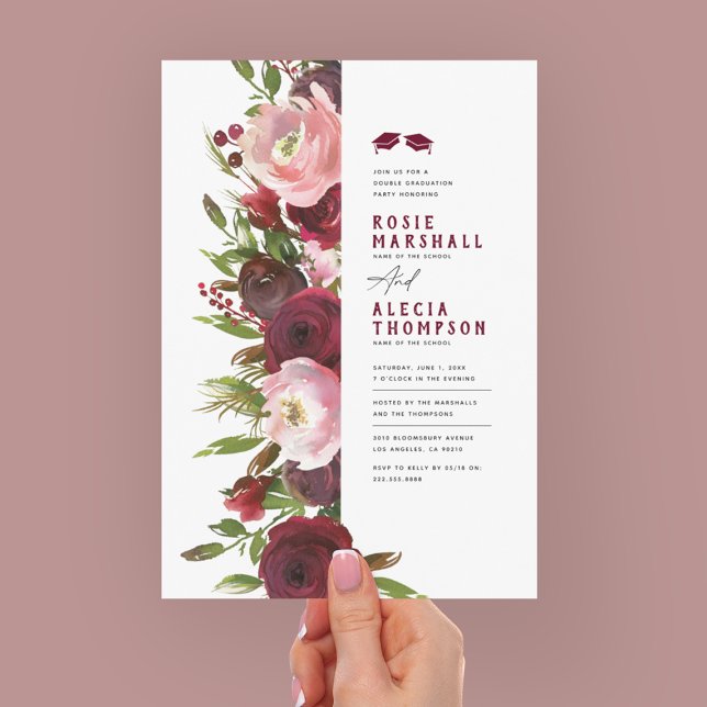 Burgundy Floral Double Graduation Party Invitation (Creator Uploaded)