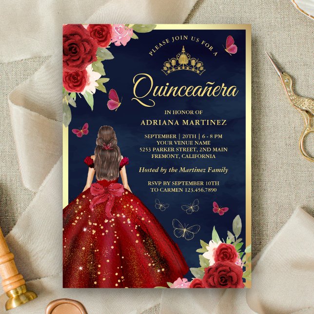 Burgundy Floral Dress Butterfly Navy Quinceanera Invitation (Creator Uploaded)