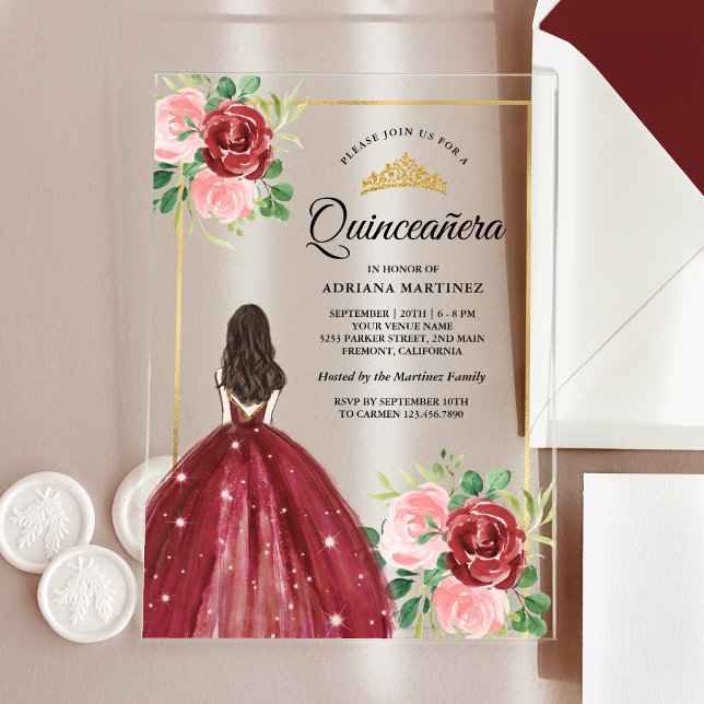 Burgundy Floral Dress Princess Gold Quinceanera Acrylic Invitations (Creator Uploaded)