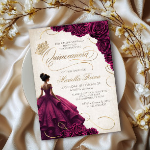 Burgundy Floral Dress Quinceañera Invitation
