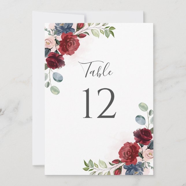 Burgundy Floral Dusty Blue Botanical Table Number (Front)