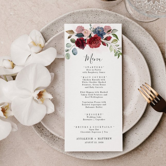 Burgundy Floral Dusty Blue Botanical Wedding Menu (Creator Uploaded)