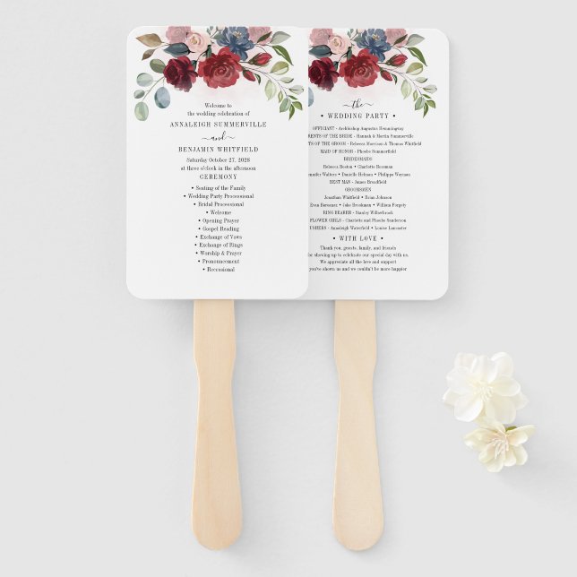 Burgundy Floral Dusty Blue Flowers Wedding Program Hand Fan (Front and Back)
