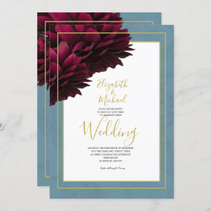 Burgundy Floral Dusty Blue Gold Elegant Wedding Invitation