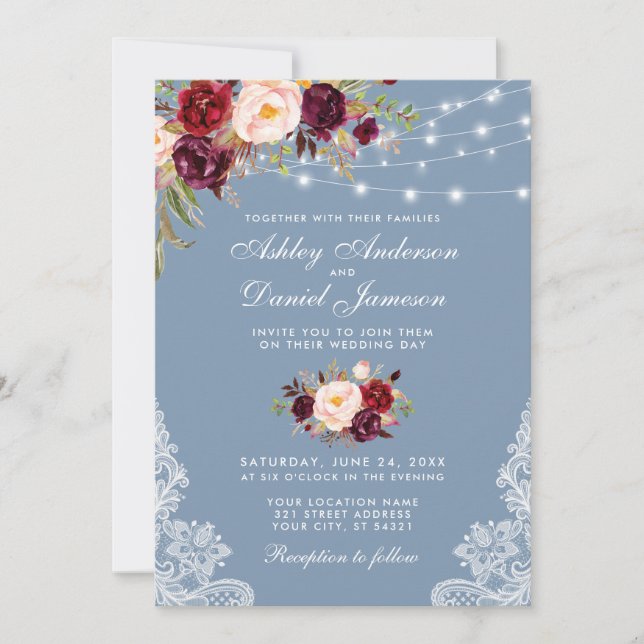 Burgundy Floral Dusty Blue Wedding Lace Lights Invitation (Front)