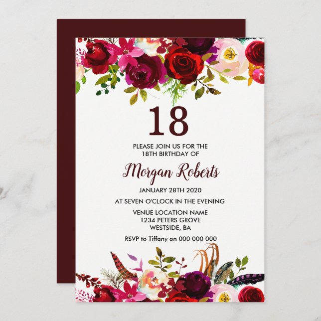 Burgundy Floral Elegant 18th Birthday Party Invite (Front/Back)