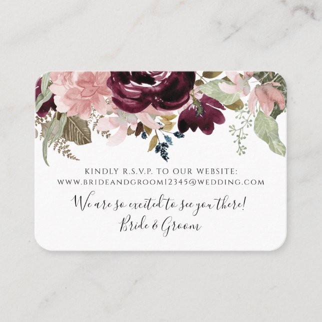 Burgundy Floral Elegant Dusty Pink Foliage Wedding Business Card (Front)