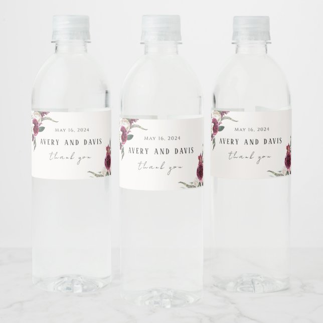 Burgundy Floral Elegant Favours Rustic Wedding Water Bottle Label (Bottles)