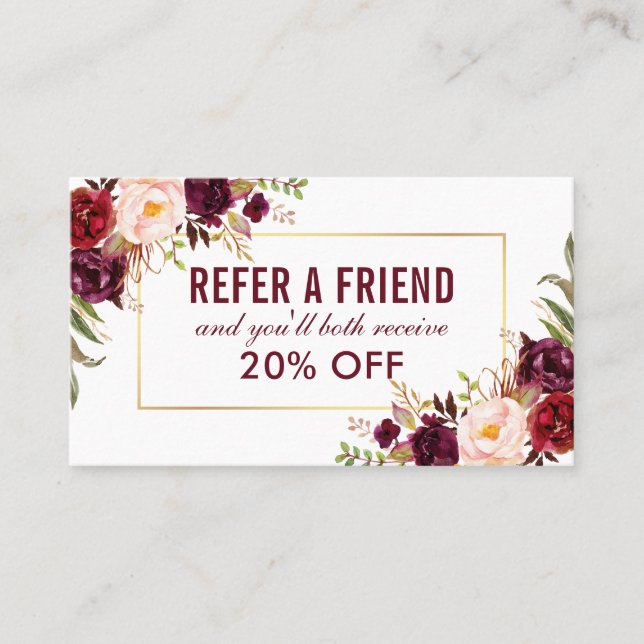 Burgundy Floral Elegant Gold Frame Referral Business Card (Front)