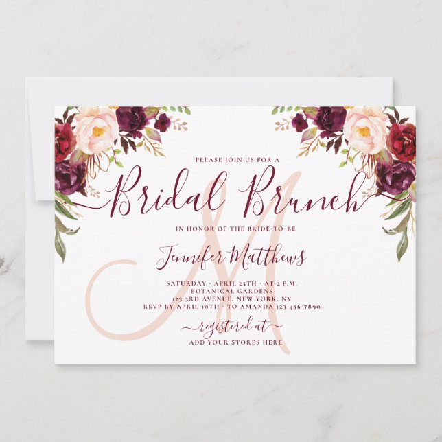 Burgundy Floral Elegant Monogram Bridal Brunch Invitation (Front)