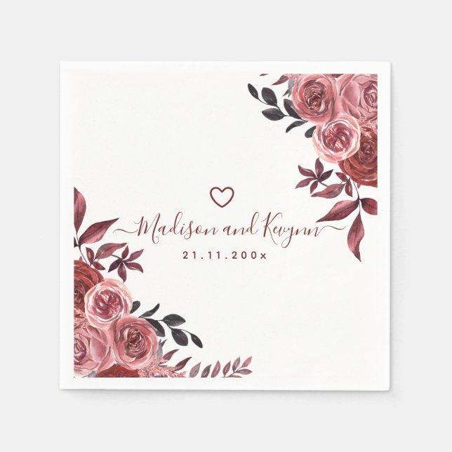 Burgundy Floral Elegant Monogram Rustic Wedding  Napkin (Front)