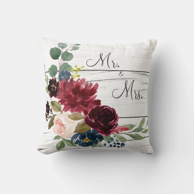 Burgundy Floral Elegant Mr. & Mrs.Watercolor Cushion (Front)