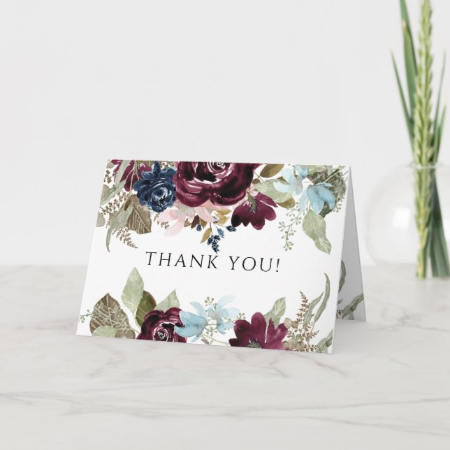 Burgundy Floral Elegant Navy Thank You Photograph Card (Front)