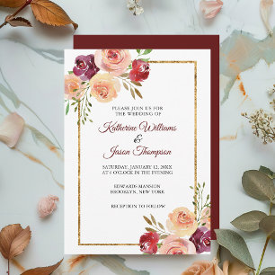 Burgundy Floral Elegant Peony Gold Evening Wedding Invitation