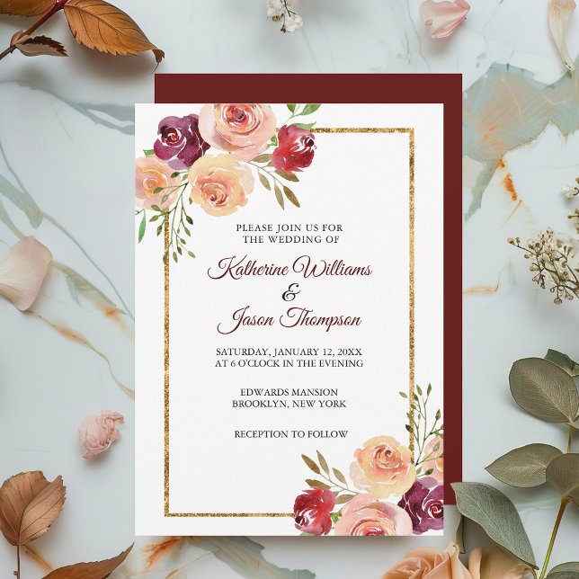 Burgundy Floral Elegant Peony Gold Evening Wedding Invitation (Creator Uploaded)