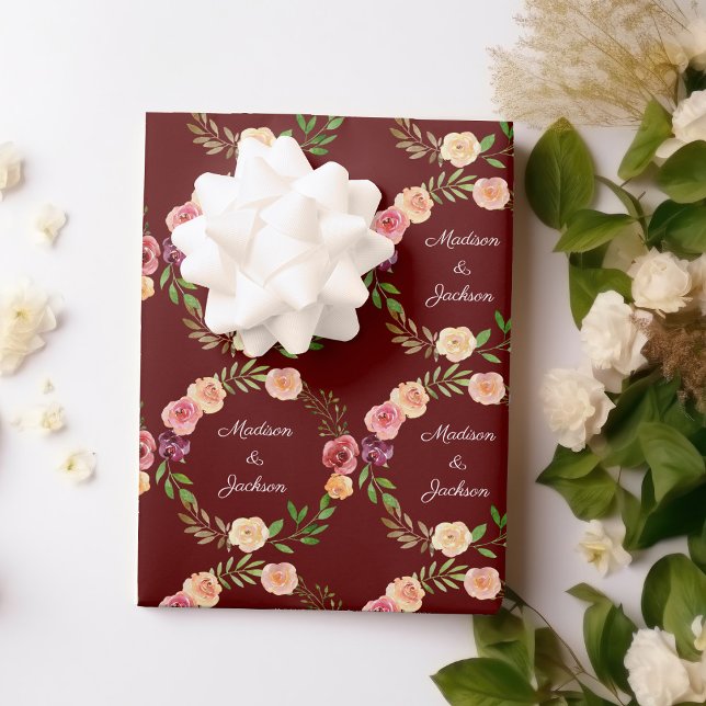 Burgundy Floral Elegant Peony Monogram Wedding Wrapping Paper Sheet (Creator Uploaded)