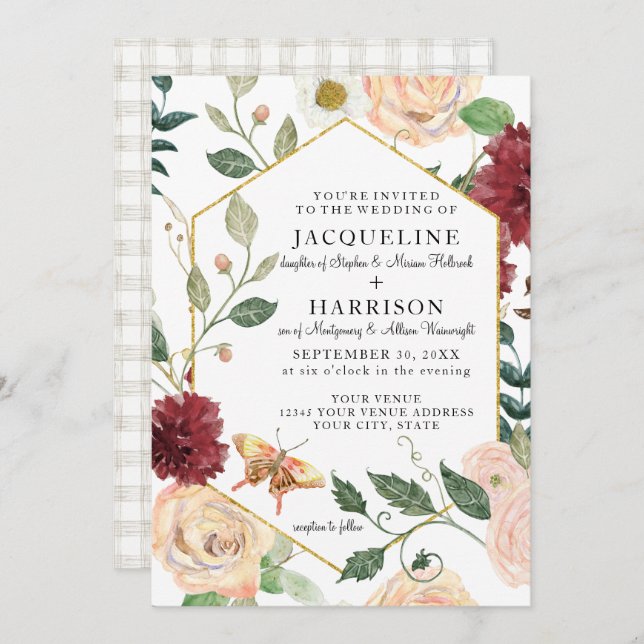 Burgundy Floral Elegant Rose Fall Foliage Wedding Invitation (Front/Back)