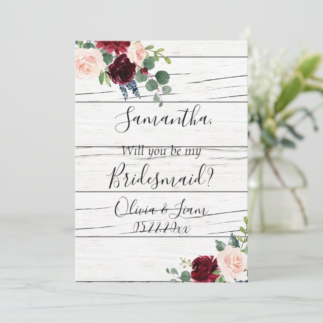Burgundy Floral Elegant Rustic Be My Bridesmaid Invitation (Standing Front)