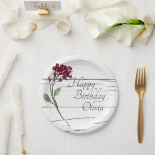 Burgundy Floral Elegant Rustic Watercolor Birthday Paper Plate