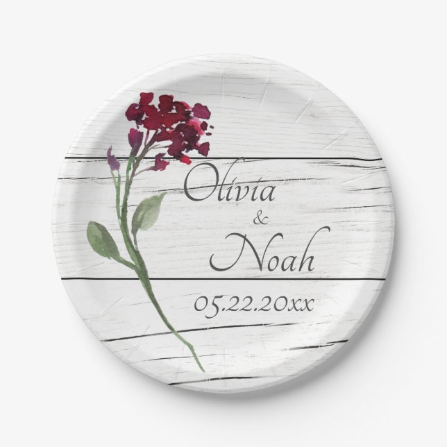 Burgundy Floral Elegant Rustic Watercolor Name Paper Plate (Front)