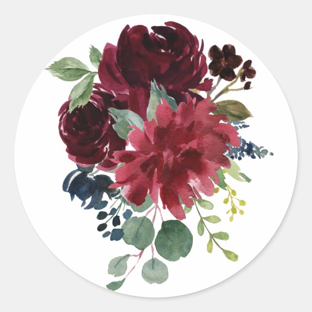 Burgundy Floral Elegant Watercolor Modern Classic Round Sticker (Front)