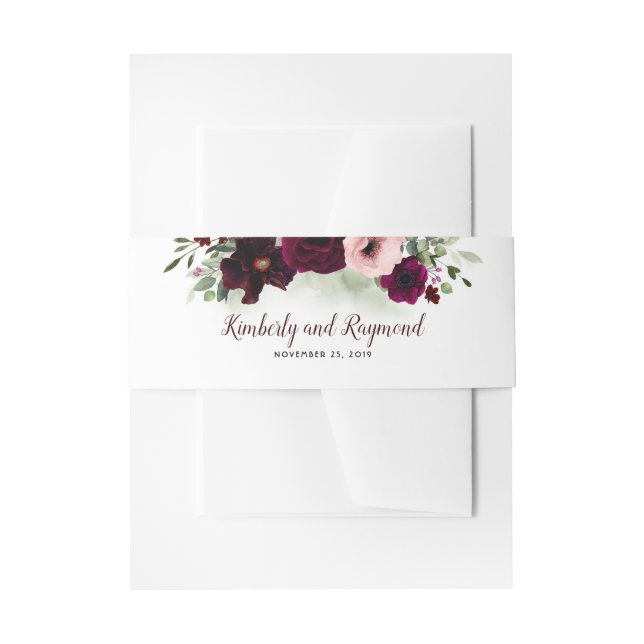 Burgundy Floral Elegant Watercolor Wedding Invitation Belly Band (Front Example)