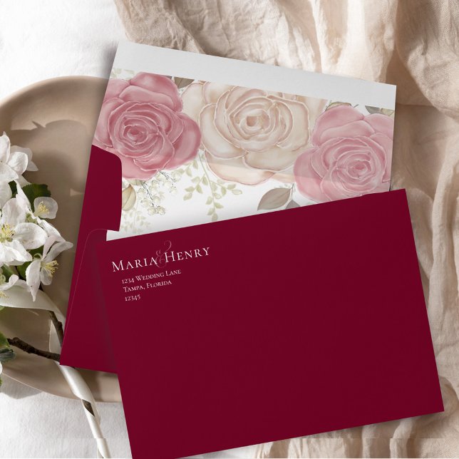 Burgundy Floral Elegant Wedding Custom Envelope (Burgundy floral invitation template.)