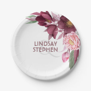 Burgundy Floral Elegant Wedding Paper Plate