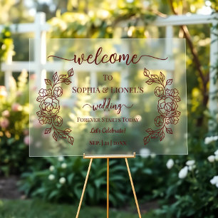 Burgundy Floral Elegant Wedding Welcome Acrylic Sign