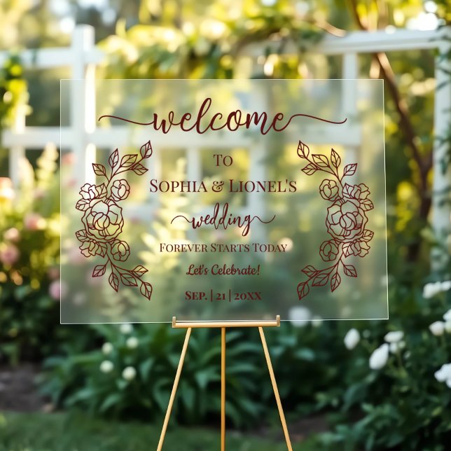 Burgundy Floral Elegant Wedding Welcome Acrylic Sign (Creator Uploaded)