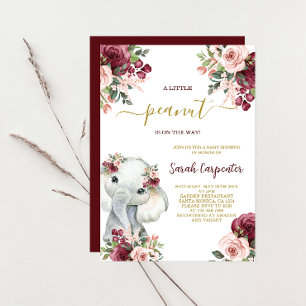 Burgundy Floral Elephant Baby Shower Girl Invitation