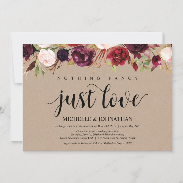 Burgundy Floral Elopement Reception Kraft Invites (Front)