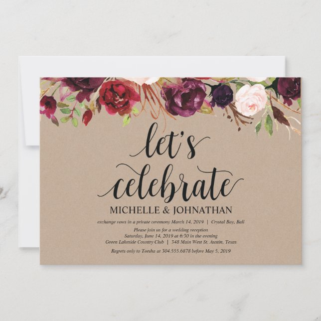 Burgundy Floral Elopement Reception Kraft Invites (Front)
