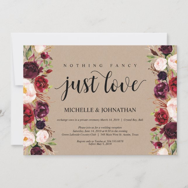 Burgundy Floral Elopement Reception Kraft Invites (Front)