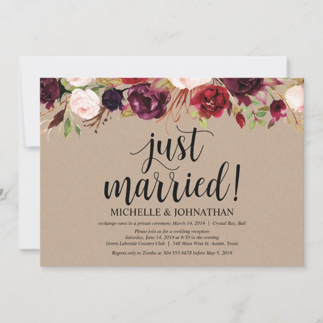 Burgundy Floral Elopement Reception Kraft Invites (Front)