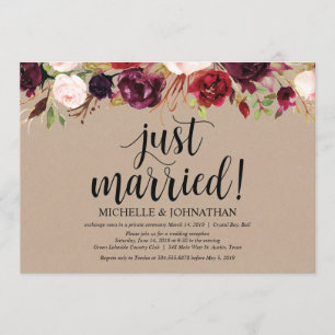 Burgundy Floral Elopement Reception Kraft Invites
