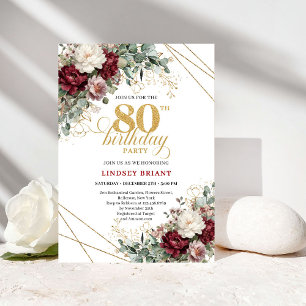 Burgundy Floral Eucalyptus Boho 80th Birthday Invitation