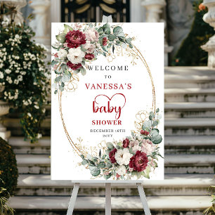 Burgundy Floral Eucalyptus Gold Baby Shower Welcom Poster