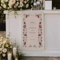 Burgundy Floral Fabric Wedding Welcome Banner