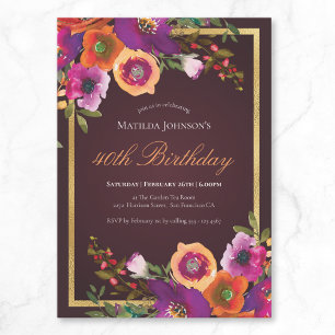 Burgundy Floral Fall 40th Birthday Party Invitation