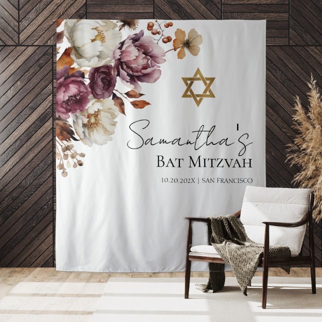 Burgundy Floral Fall Bat Mitzvah Backdrop Tapestry (Creator Uploaded)