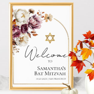 Burgundy Floral Fall Bat Mitzvah Welcome Sign