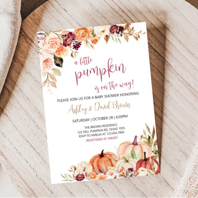Burgundy Floral Fall Pumpkin Baby Shower  Invitation (Burgundy Fall Baby Shower Invitation)