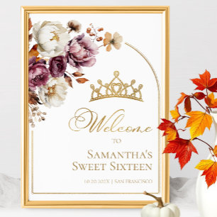 Burgundy Floral Fall Sweet Sixteen Welcome Sign