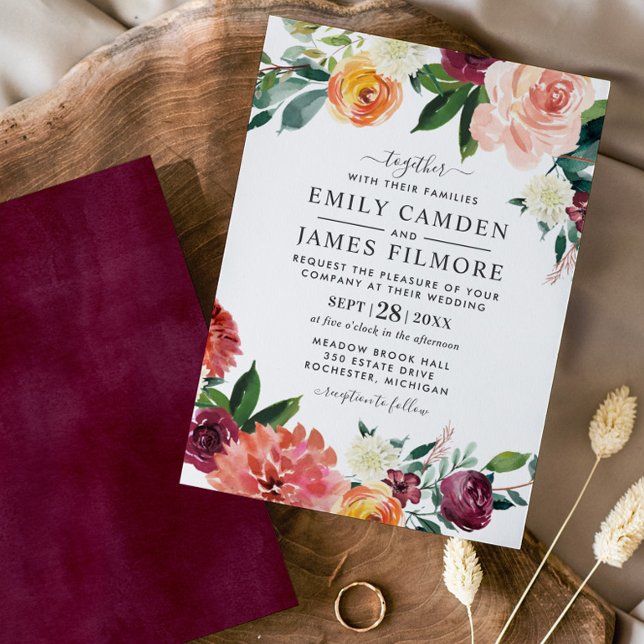 Burgundy Floral Fall Wedding Watercolor Botanicals Invitation (Creator Uploaded)