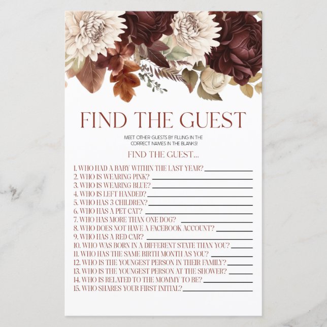 Burgundy Floral Find The Guest Baby Shower Game (Front)