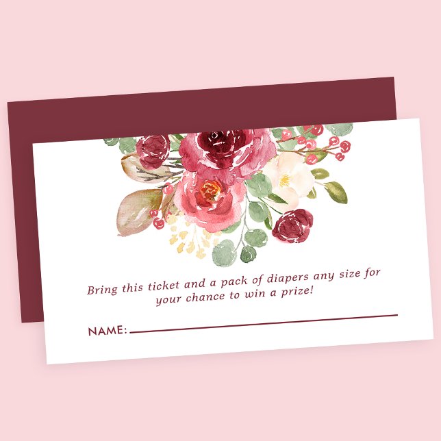 Burgundy Floral Flowers Baby Shower Diaper Raffle  Enclosure Card (Creator Uploaded)