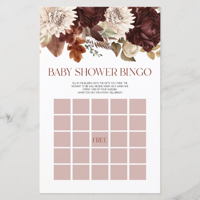Burgundy Floral Flowers Bingo Baby Shower Game (Front)